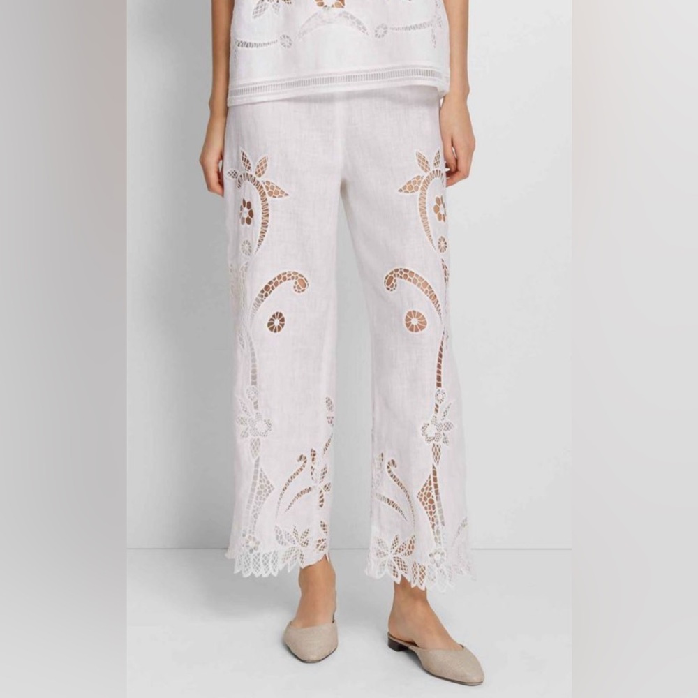 CLUB MONACO LINEN PANTS WITH CUTOUT EMBROIDERY BRODERIE ANGLAISE DETAIL
